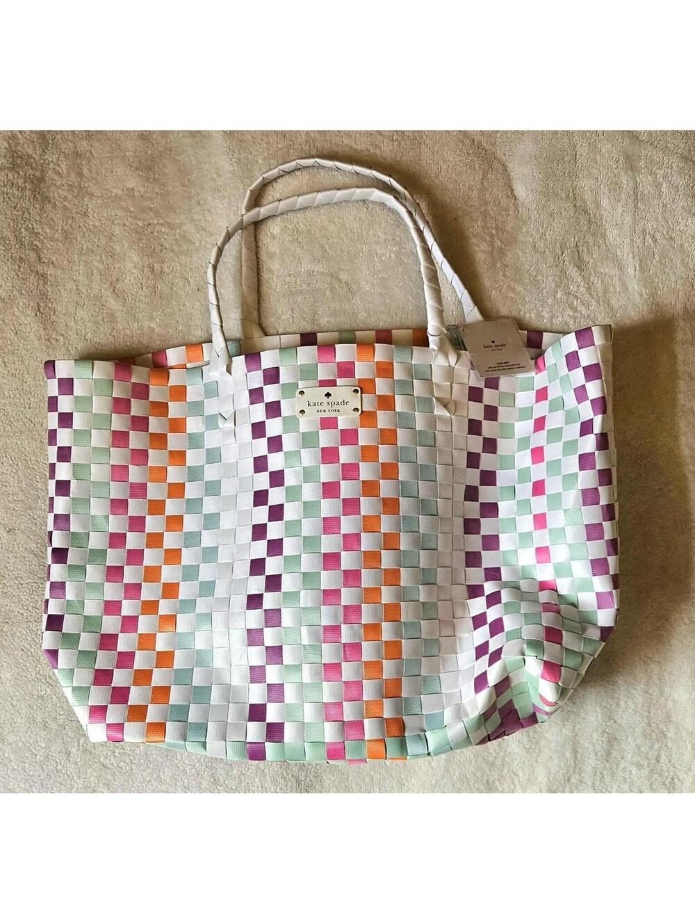 Kate Spade Pink & White Basket Weave Woven Tote Beach Bag Shopping Travel Large